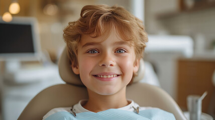 Fototapeta premium A smiling kid sitting in a dental chair at the dentist, teeth cleaning and examination concept,generative ai