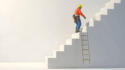 3D rendering model of a building construction worker wearing safety clothing, climbing a ladder