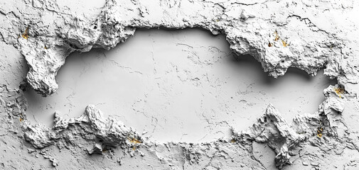 Hole in a white concrete wall. Plaster frame on the wall surface.