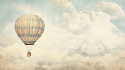 Vintage striped hot air balloon floating peacefully among fluffy clouds.
