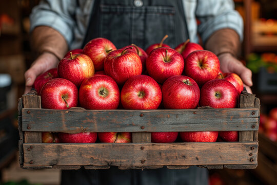 men's hands hold wooden crate of ripe fresh red apples