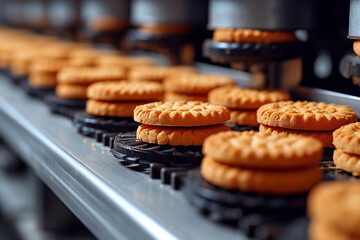 automatic bakery production line with round sweet biscuits on conveyor belt, factory, selective focus