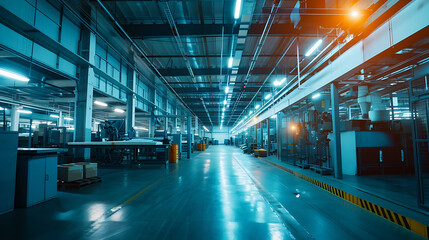 a factory with blue lights and a lot of light, in the style of light cyan and beige, post processing, dark silver and light amber