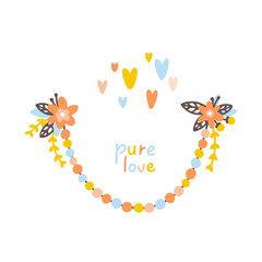 Fototapeta premium Baby beads with flowers nursery boho poster. Cute childish element in simple hand-drawn Scandinavian cartoon doodle style. Limited pastel palette ideal for print.