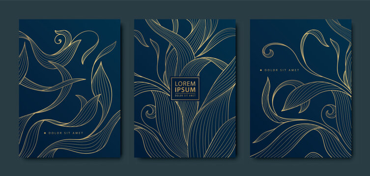 Vector set of art deco gold leaves background, copper luxury abstract design, line tropical illustrations. Use for invitations, banners, borders, package