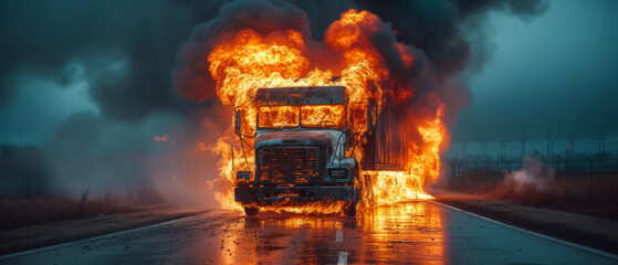Burning delivery vehicle engulfed in flames and smoke by roadside ,generative ai. - obrazy, fototapety, plakaty