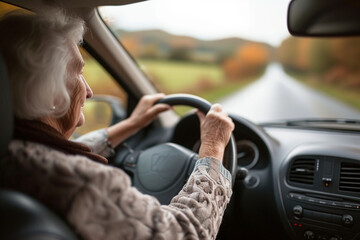 a modern focused elderly woman confidently drives a car, the concept of an active old age and a happy life