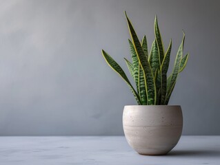 Sansevieria plant in a modern flower pot on a gray background. Home plant Sansevieria trifa from the family of asparagus. The concept of minimalism.