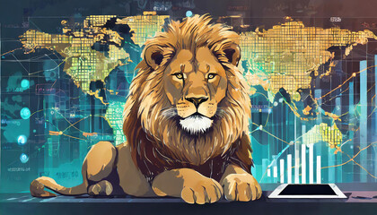 Lion in front of business graph. Strong business themes. dynamic business. International business expansion