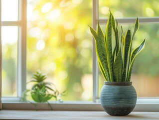 sansevieria trifasciata snake plant in the window of a modern home or apartment interior
