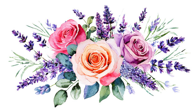 Watercolor Bouquet Of Roses And Lavender Flowers Isolated On A White Background. The Trendy Elegant Design For Wedding Invitation, Poster, Greeting Cards. Hand Drawing Floral Illustration