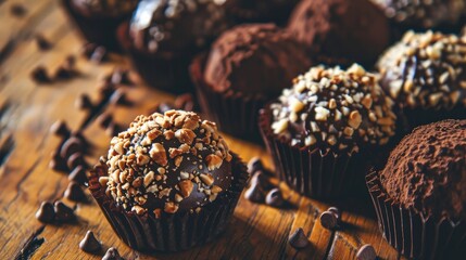 Close-up of decadent chocolate brigadeiros covered with sprinkles on a rustic wooden background. - obrazy, fototapety, plakaty