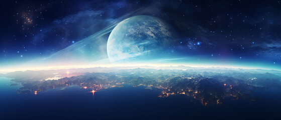 Panoramic view of planet Earth, a breathtaking scene offering vast landscapes and celestial beauty,...