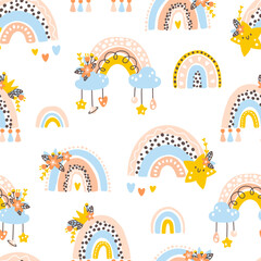 Nursery rainbows seamless pattern. Vector background with cute baby shower elements in simple hand-drawn Scandinavian cartoon doodle style. Limited pastel palette ideal for print.