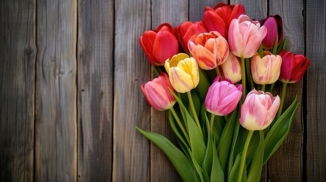 Spring background!A bouquet of tulips on a wooden background.Holiday greeting card for Valentine's Day, Woman's Day, Mother's Day, Easter!