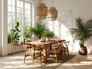 Stylish and botany interior of dining room with design craft wooden table, chairs, a lof of plants, big window, poster map and elegant accessories in modern home decor.