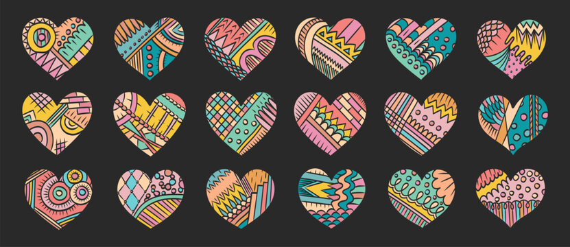 Hearts doodles set. Retro groovy. Zentangle heart. Valentines day hearts. 70s, 80s, 90s style love stickers. Love, romance, wedding. Valentines day.