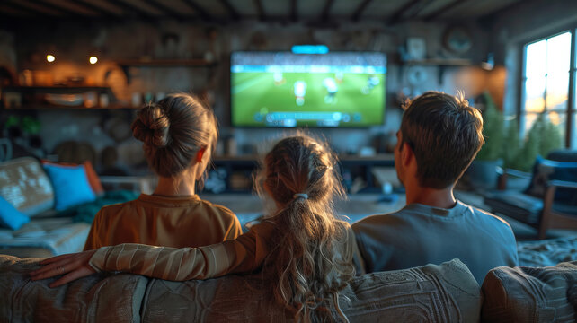 Caucasian family watching tv with football match on screen. Global sport concept, digital composite image, generative ai