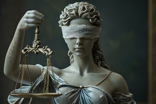 Iustitia, lady justice, white lace band over her eyes, scale in her hand. guardian of legal system, law and judgment. generative AI