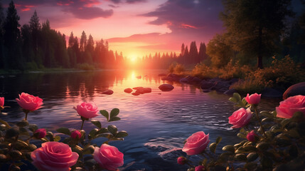 beautiful rose flowers with the sunset and river