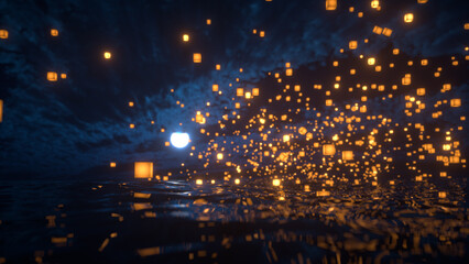 Naklejka premium Flying lanterns in the sea