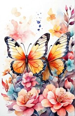 A illustration watercolor painting two brilliant butterflies with vibrant color wings is flying around the colorful flowers on the very large space white background