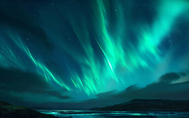 Naklejka premium Northern lights in starry sky northern nature nebula cosmic starry sky background