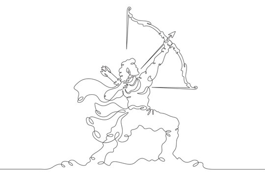 Lord Rama with arrow and bow. Celebrations of Sri Rama Navami. Mystic Archer.India.One continuous line drawing. Linear. Hand drawn, white background. One line