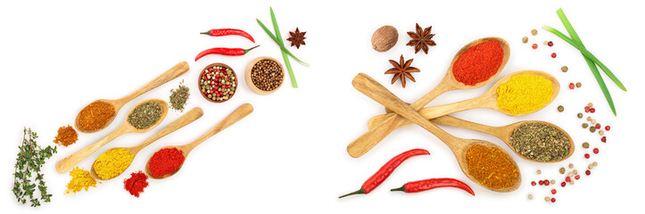 mix of spices in wooden spoon isolated on a white background with copy space for your text. Top view. Flat lay. Set or collection