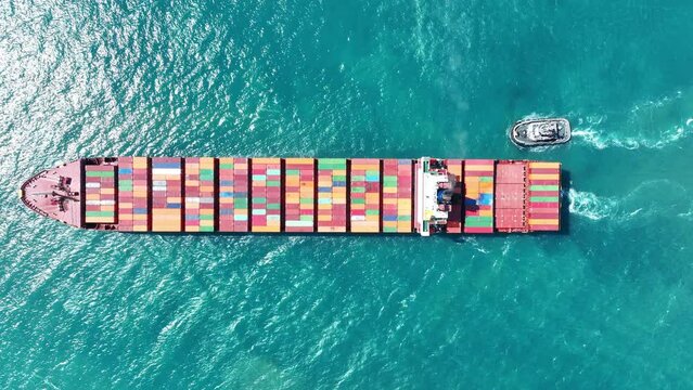 Aerial view of Cargo Container Ship.  container ship import export to customers sea port. export shipping industry freight and transportation logistics concept. commercial shipping by sea