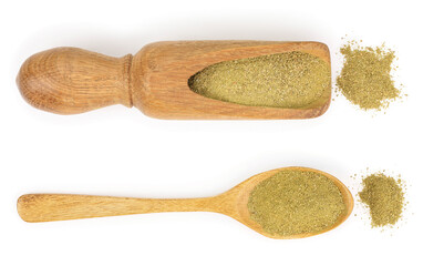 crushed bay leaves in wooden scoop isolated on white background. Top view. Flat lay