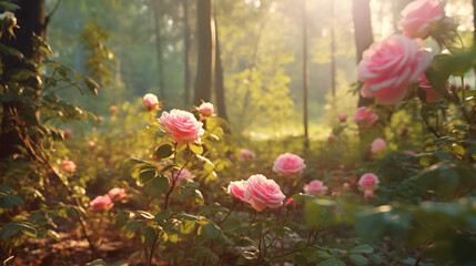 beautiful rose flowers in the forest with the sun shining 