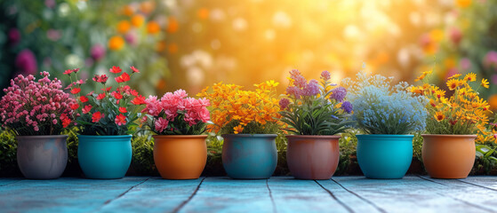 Gardening background with flowerpots in sunny spring or summer garden, generative ai - obrazy, fototapety, plakaty