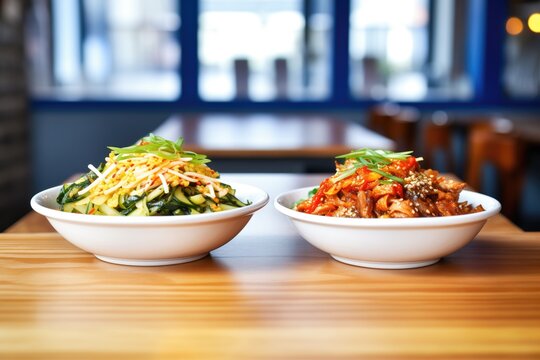 bowls of korean bibimbap ready for lunchtime customers