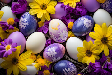 Easter festive background. Multicolored eggs, purple daisies and yellow daffodils. Generative AI