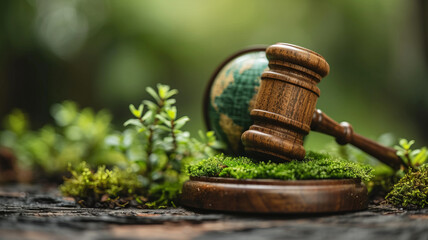 Gavel and green eco Earth globe, international law and green energy concept, sustainable environment future global values, generative ai - obrazy, fototapety, plakaty