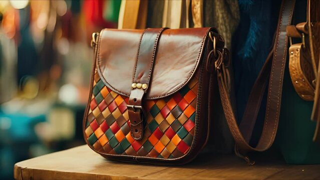 Closeup of a distressed leather patchwork bag on display at a vintage boutique.