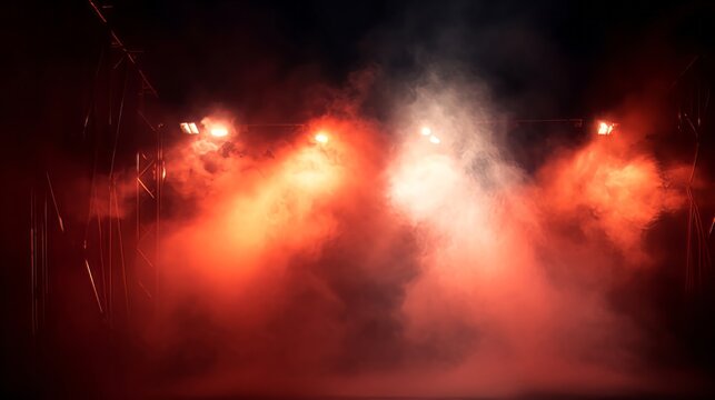 Intense stage lights with red smoke at a live concert event.