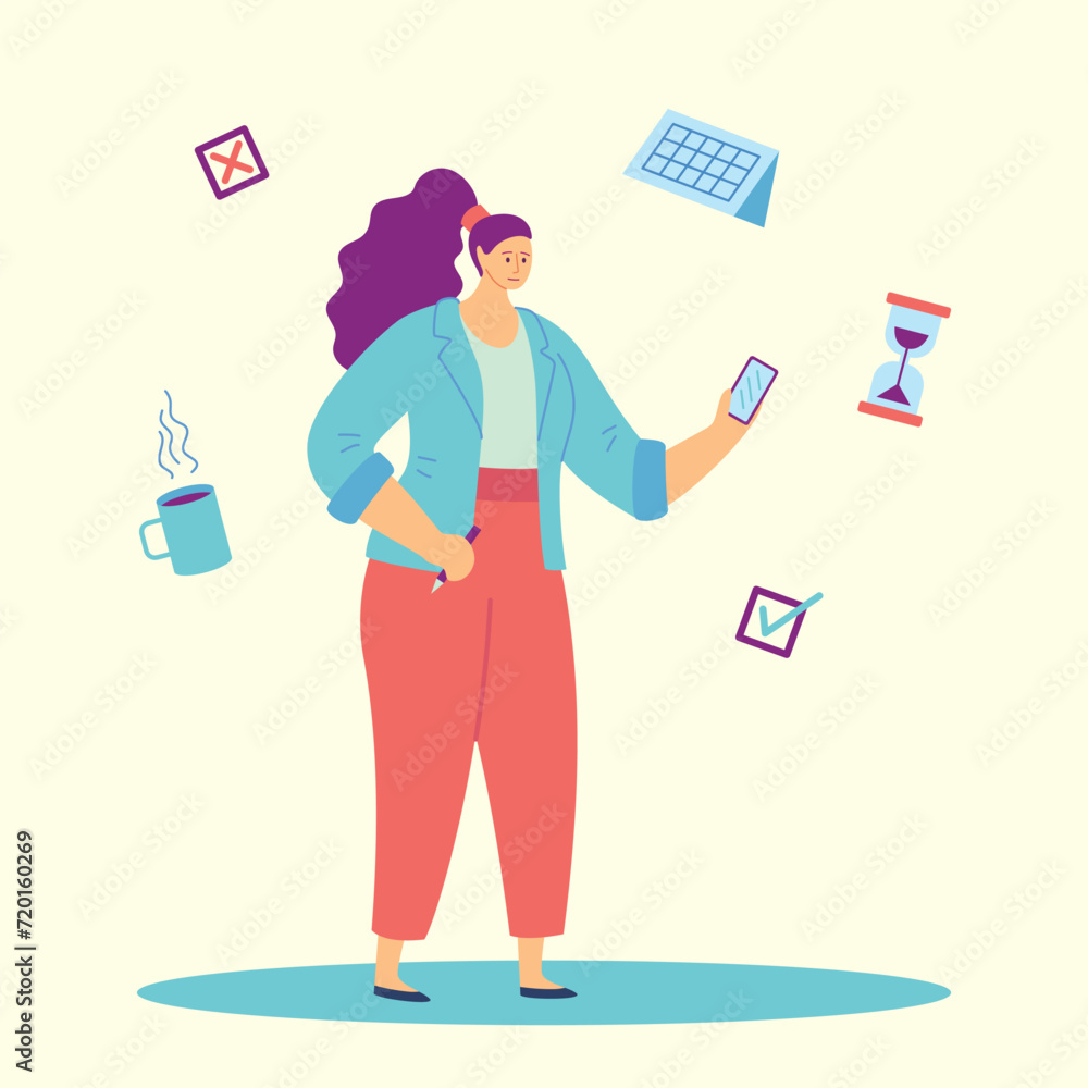 Aufkleber cartoon color character girl and floating objects around concept flat design style. vector illustrat