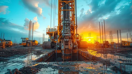 Foto op Plexiglas Hydraulic drilling machine at the construction site. Pile field. Modern drilling rig, generative ai © Chanya2498