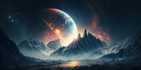 Unknown planet from outer space. Space nebula. Cosmic cluster of stars. Outer space background