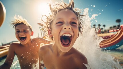 Close-up of happy kids splashing on a water slide in a water park on summer vacation on a sunny day. Travel, Vacations, Lifestyle concepts. - obrazy, fototapety, plakaty