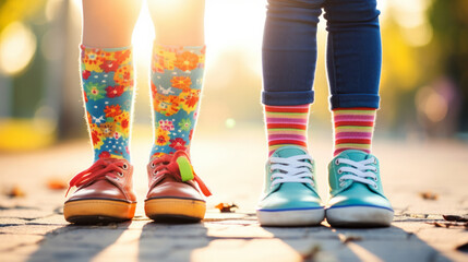 Two kids feet wearing colorful shoes and socks