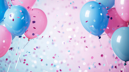 Pink and blue balloons and confetti background with copy space for festive gender reveal party or baby shower backdrop