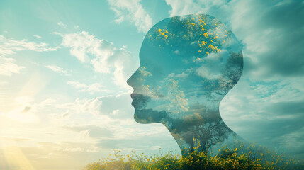 Outline of a human head containing a serene landscape background, symbolizing the concept of inner...