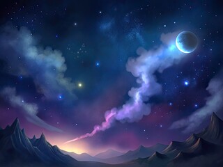 Obraz na płótnie Canvas A starry night with a galaxy, a moon, and a comet