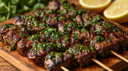 Skewers of boneless beef meat grilled by traditional recipe served with lemon and vibrant greens, fresh cilantro