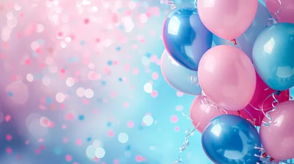Foto op Canvas Pink and blue balloons and confetti background with copy space for festive gender reveal party or baby shower backdrop © Keitma