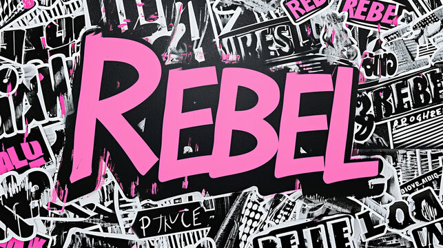 Rebel concept image with illustration of rebel word text and various typography, black and white and pink like stickers and tag paint