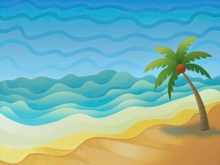 A beach with waves, sand, and a palm tree